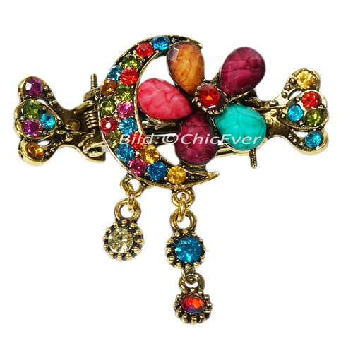 Haargreifer Haarspange Blume Mond Metall bunt mehrfarbig gold 5005a - zum Schließen ins Bild klicken